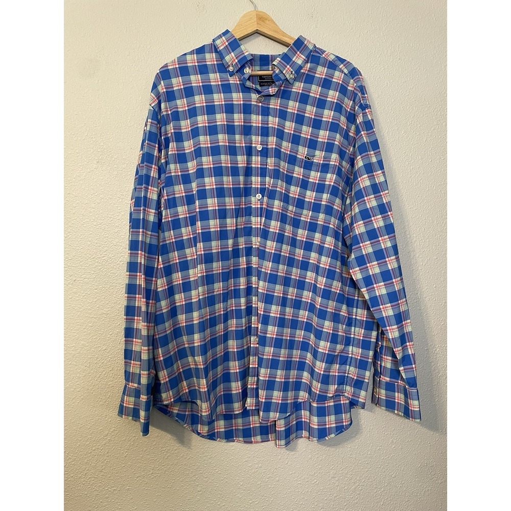 Vineyard Vines Performance Shirt Mens 2XL Blue Plaid Classic Fit Tucker Whale‎